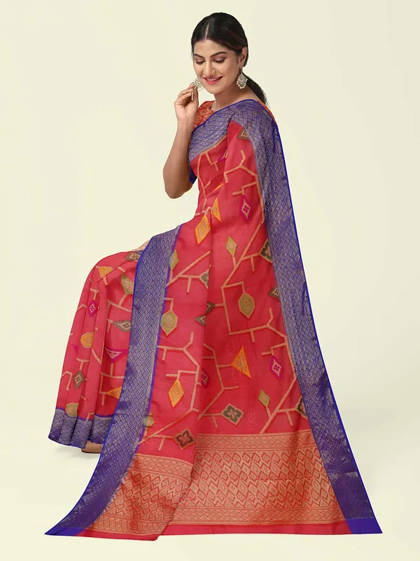 Red_Cotton_Blend_Banarasi_Sarees_For_Women