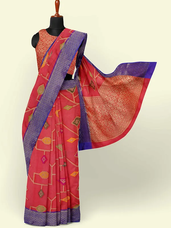 Red_Cotton_Blend_Banarasi_Sarees_For_Women