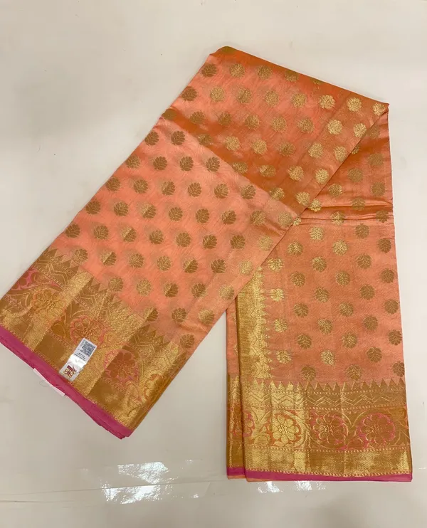 Humairah_Pure_Handloom_Peach_Dupion_Silk_Golden_Zari_Floral_Booti_Banarasi_Zari_Border_with_Floral_Banarasi_Pallu_and_Peach_Blouse