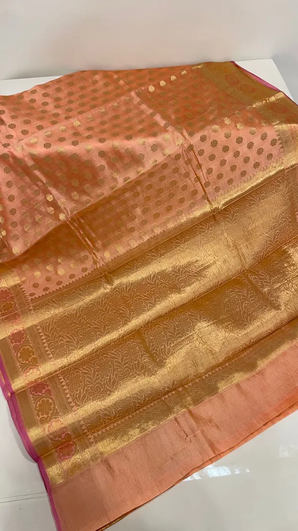 Humairah_Pure_Handloom_Peach_Dupion_Silk_Golden_Zari_Floral_Booti_Banarasi_Zari_Border_with_Floral_Banarasi_Pallu_and_Peach_Blouse