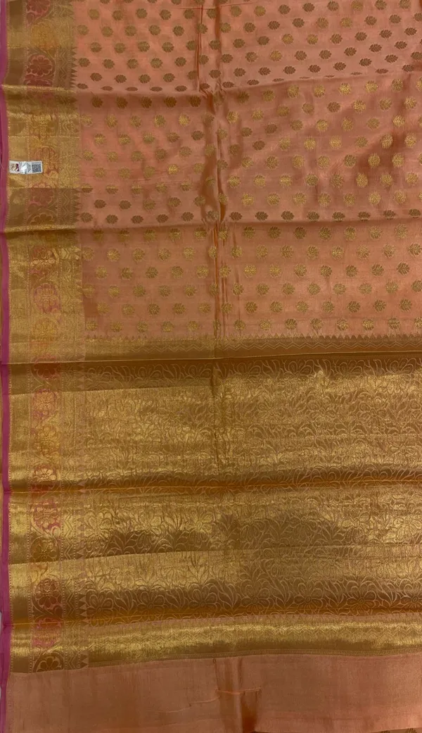 Humairah_Pure_Handloom_Peach_Dupion_Silk_Golden_Zari_Floral_Booti_Banarasi_Zari_Border_with_Floral_Banarasi_Pallu_and_Peach_Blouse