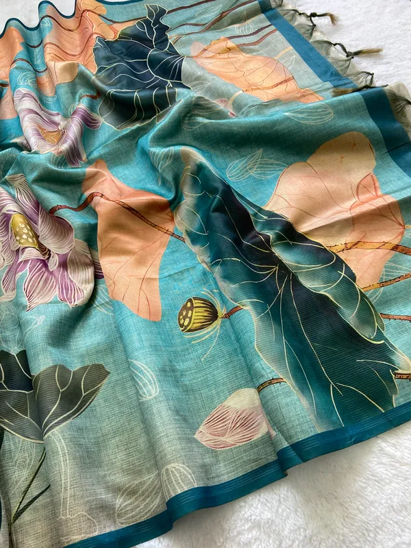 Damini_Sky_Blue_–_Dazzling_Navratri_Special_|_Soft_Tussar_Silk_Saree_with_Print,_Border_&_Contrast_Print_Blouse_with_Tassels