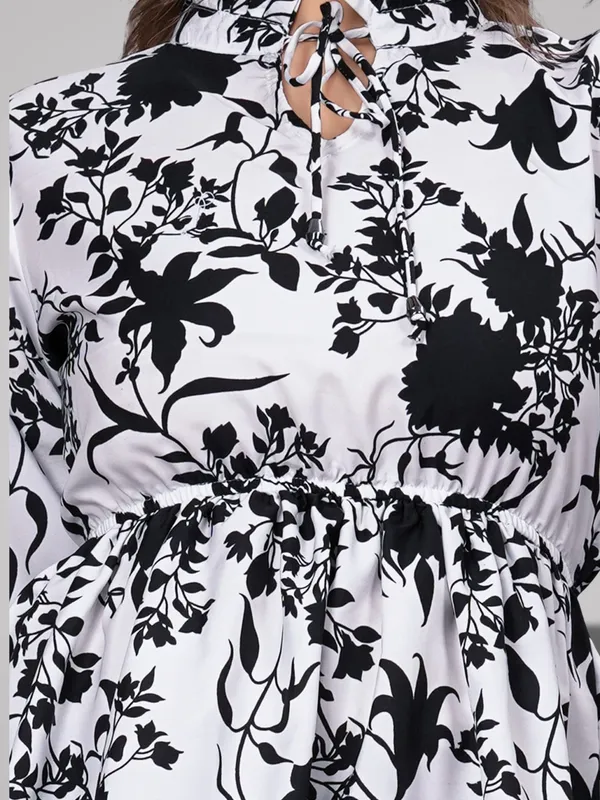 White_Crepe_Floral_Pattern_Trendy_Ruffle_Neck_Tunic_Tops