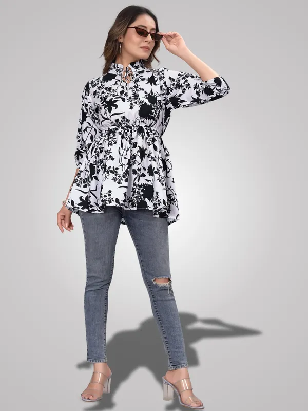White_Crepe_Floral_Pattern_Trendy_Ruffle_Neck_Tunic_Tops