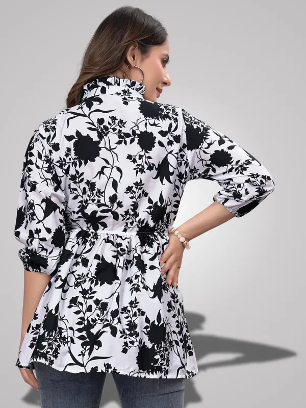 White_Crepe_Floral_Pattern_Trendy_Ruffle_Neck_Tunic_Tops