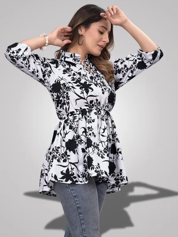 White_Crepe_Floral_Pattern_Trendy_Ruffle_Neck_Tunic_Tops