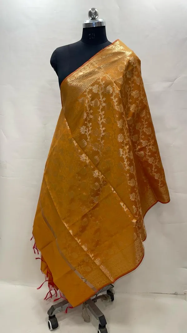 Mustard_Yellow_Banarasi_Dupion_Kora_Golden_Zari_Booti_Jaal_Dupatta_For_Girls_&_Women