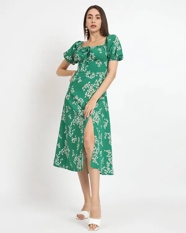 Green_Western_Dress_For_Women_Floral_Printed_Fit_&_Flare_Midi_Dress_With_Puff_Sleeves