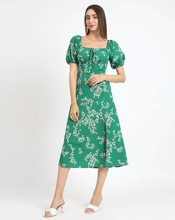Green_Western_Dress_For_Women_Floral_Printed_Fit_&_Flare_Midi_Dress_With_Puff_Sleeves