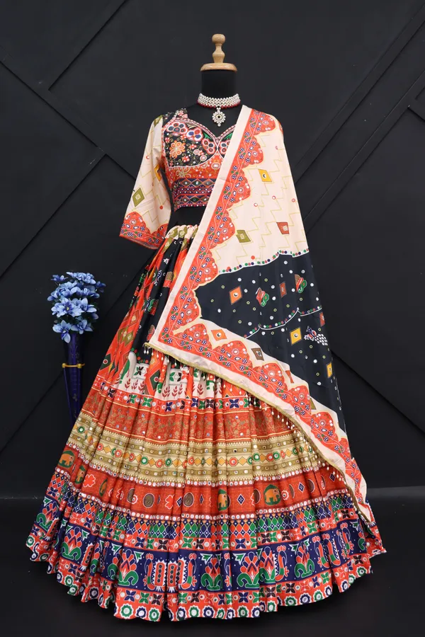 Multy_Lehenga_Choli_With_Mirror_Work_And_Attached_Pink_Dupatta