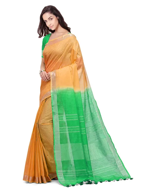 Orange_&_Honeydew_Green_women's_Bhagalpuri_Handloom_Linen_Cotton_Blend_Two_Dye_Saree_With_Running_Unstitched_Blouse_Piece