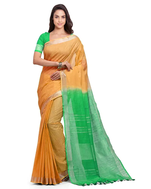 Orange_&_Honeydew_Green_women's_Bhagalpuri_Handloom_Linen_Cotton_Blend_Two_Dye_Saree_With_Running_Unstitched_Blouse_Piece
