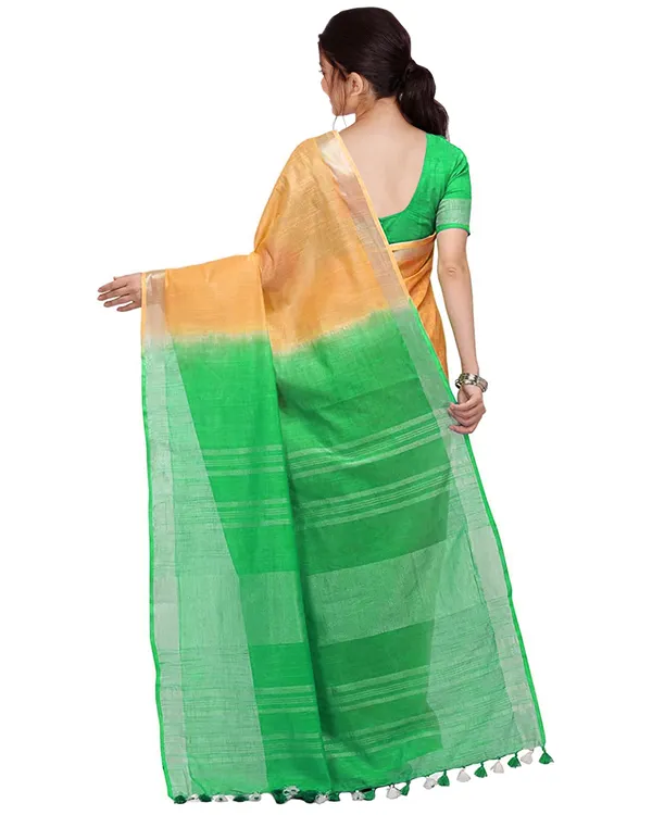 Orange_&_Honeydew_Green_women's_Bhagalpuri_Handloom_Linen_Cotton_Blend_Two_Dye_Saree_With_Running_Unstitched_Blouse_Piece
