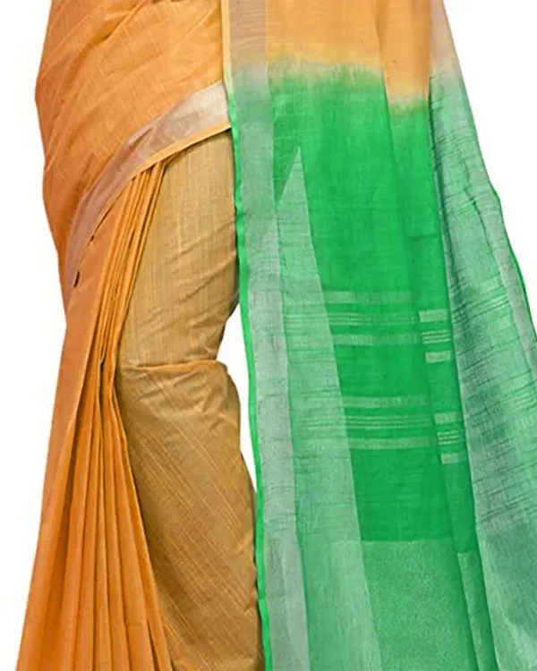 Orange_&_Honeydew_Green_women's_Bhagalpuri_Handloom_Linen_Cotton_Blend_Two_Dye_Saree_With_Running_Unstitched_Blouse_Piece