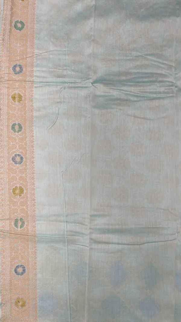 Humairah_Pure_Handloom_Light_Blue_Cotton_Silk_Zari_Booti_with_Rangkaat_Banarasi_Zari_Hand_Painted_Floral_Pallu_and_Zari_Border_with_Light_Blue_Blouse