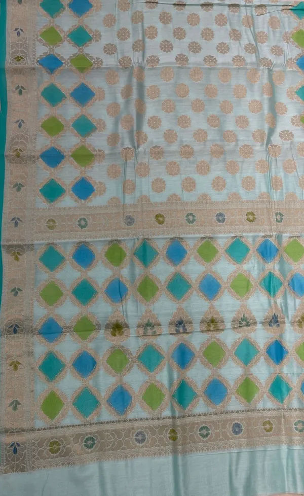 Humairah_Pure_Handloom_Light_Blue_Cotton_Silk_Zari_Booti_with_Rangkaat_Banarasi_Zari_Hand_Painted_Floral_Pallu_and_Zari_Border_with_Light_Blue_Blouse