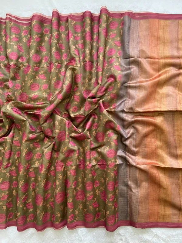 Soft_Tussar_Silk_sarees_with_Beautiful_Print_With_Attractive_Border_And_Contrast_Print_Blouse_With_Tassels