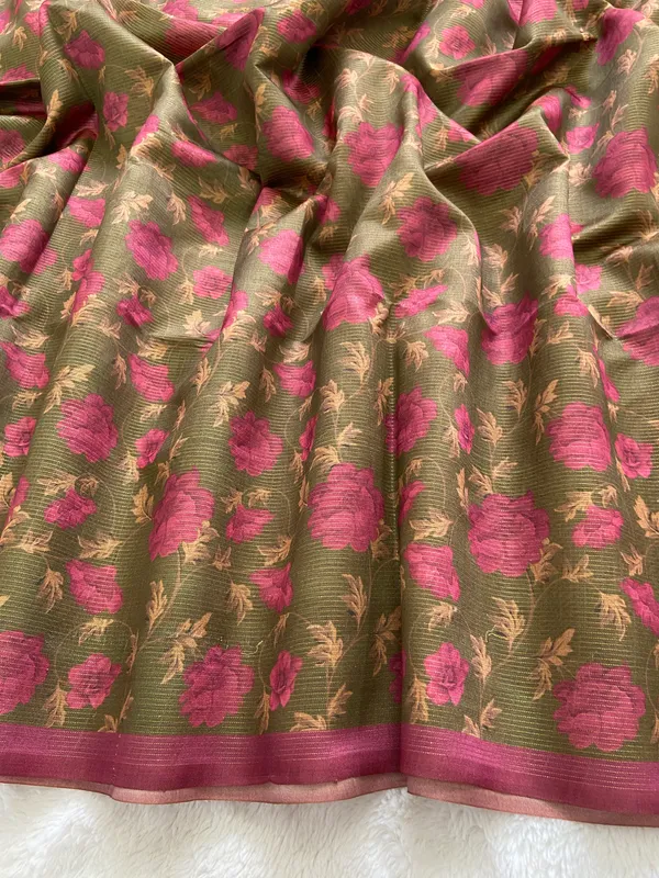 Soft_Tussar_Silk_sarees_with_Beautiful_Print_With_Attractive_Border_And_Contrast_Print_Blouse_With_Tassels