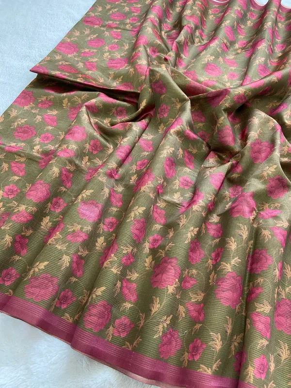 Soft_Tussar_Silk_sarees_with_Beautiful_Print_With_Attractive_Border_And_Contrast_Print_Blouse_With_Tassels