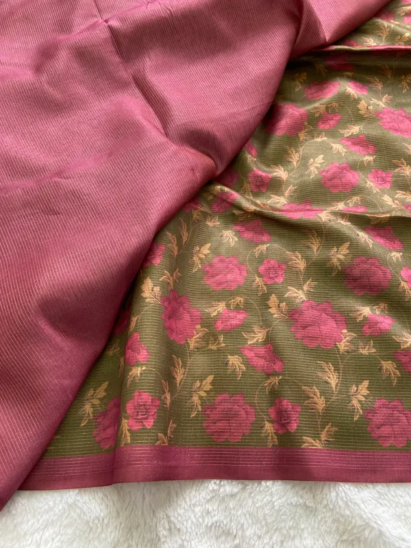 Soft_Tussar_Silk_sarees_with_Beautiful_Print_With_Attractive_Border_And_Contrast_Print_Blouse_With_Tassels