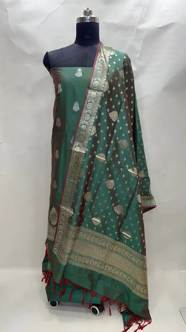 Humairah_Present_Green_Katan_Silk_3pcs_Suit_Set_accompanied_with_Plain_Bottom_and_Top_Golden_Zari_Booti_&_Green_Golden_Booti_Katan_Silk_Dupatta