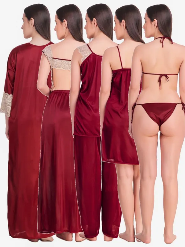 Maroon_Satin_Solid_Nighty_Robe_Nightwear_SetPack_of_8_For_Women