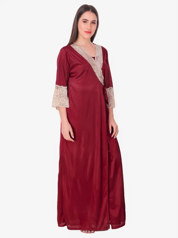 Maroon_Satin_Solid_Nighty_Robe_Nightwear_SetPack_of_8_For_Women