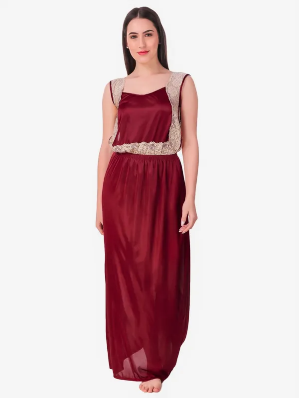 Maroon_Satin_Solid_Nighty_Robe_Nightwear_SetPack_of_8_For_Women