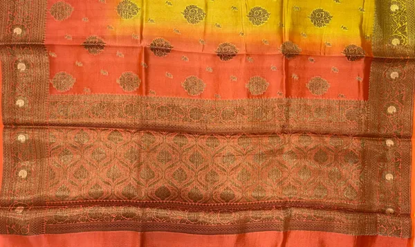 Humairah_Pure_Handloom_Yellow_Contrast_Orange_Dupion_Silk_Copper_Zari_Floral_Booti_Banarasi_Mina_Zari_Border_with_Floral_Banarasi_Pallu_and_Orange_Blouse
