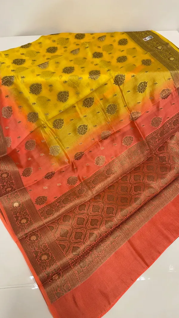 Humairah_Pure_Handloom_Yellow_Contrast_Orange_Dupion_Silk_Copper_Zari_Floral_Booti_Banarasi_Mina_Zari_Border_with_Floral_Banarasi_Pallu_and_Orange_Blouse