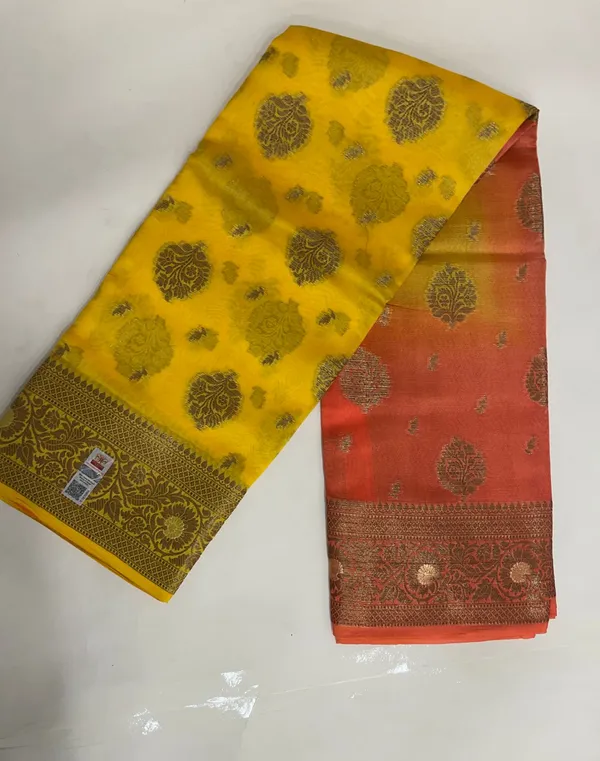 Humairah_Pure_Handloom_Yellow_Contrast_Orange_Dupion_Silk_Copper_Zari_Floral_Booti_Banarasi_Mina_Zari_Border_with_Floral_Banarasi_Pallu_and_Orange_Blouse