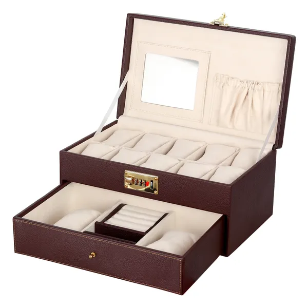Watch_Box_Organizer_Holder_Jewelry_Accessories_Display_Storage_Case_Watch_Organiser_Collection_Box_10_Slots_And_Drawer_With_3_Digit_Combination_Lock_In_PU_Leather_For_Men_Women_Brown_Color