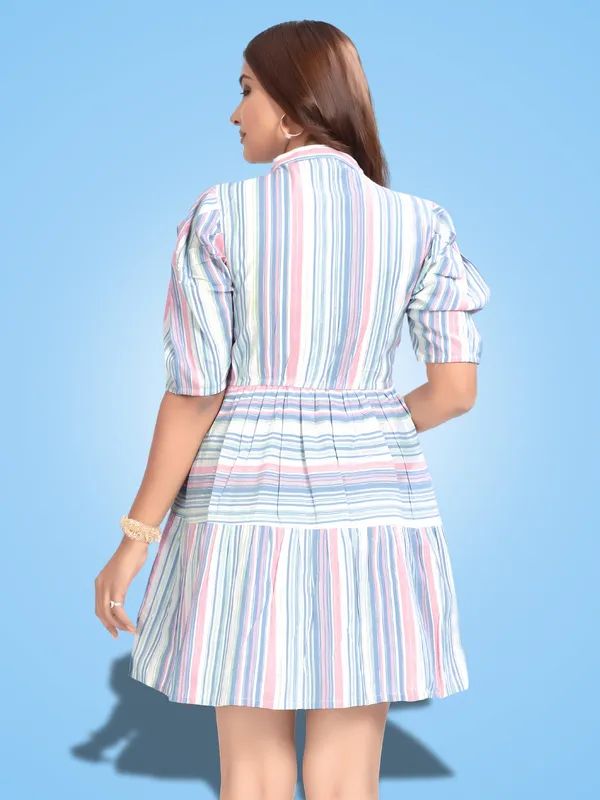 Light_Blue_Cotton_Stripe_Pattern_Trendy_Puff_Sleeve_Dresses