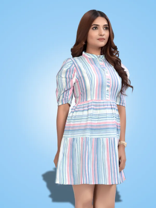 Light_Blue_Cotton_Stripe_Pattern_Trendy_Puff_Sleeve_Dresses
