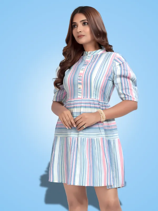 Light_Blue_Cotton_Stripe_Pattern_Trendy_Puff_Sleeve_Dresses