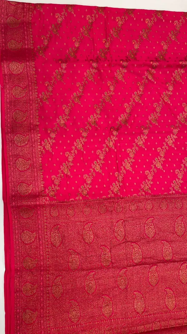 Humairah_Pure_Handwoven_Pink_Muga_Silk_Aada_Diagonal_Zari__Mina_Jaal_Chunri_Booti_Paisley_Anchal_Minakari_Zari_Paisley_Border_Banarasi_Saree_with_Pink_Blouse_piece