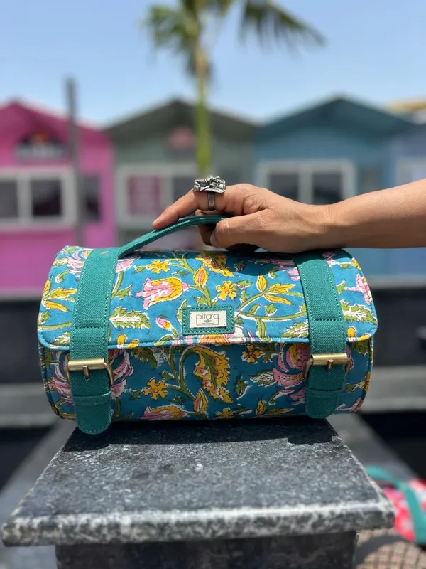 Green_Teal_Floral_Handcrafted_Cotton_Printed_Cylinder_Sling_Bag_With_Matching_Handle