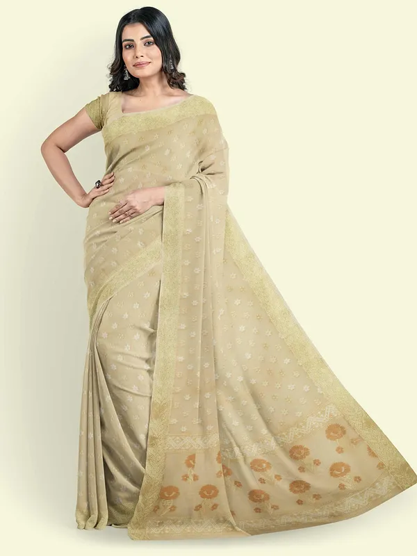Beige_Cotton_Blend_Banarasi_Sarees_For_Women