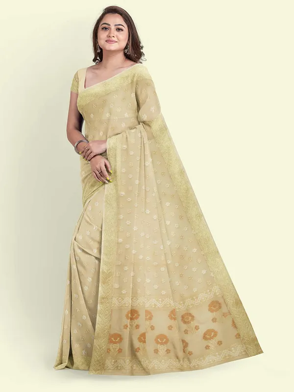 Beige_Cotton_Blend_Banarasi_Sarees_For_Women