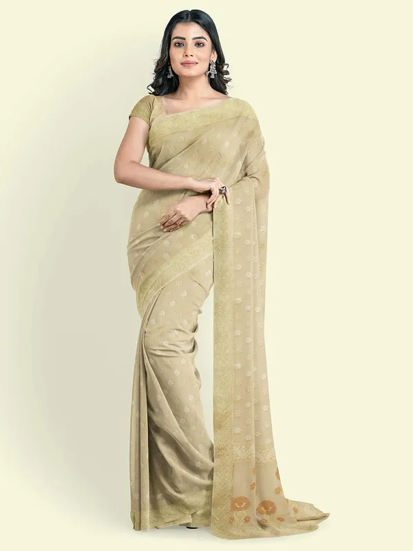 Beige_Cotton_Blend_Banarasi_Sarees_For_Women