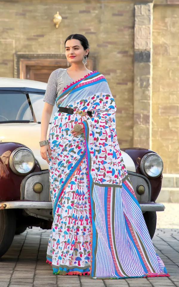 Ikkat_Print_Pure_Soft_Cotton_saree_With_Blouse_Piece