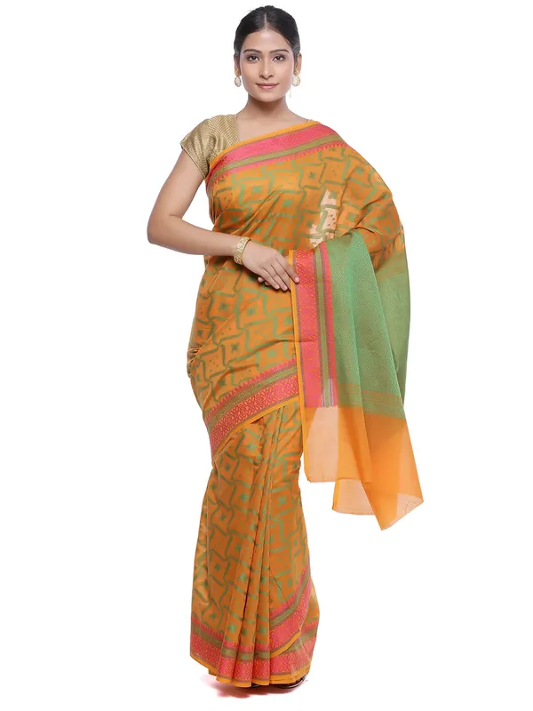 Orange_Cotton_Blend_Banarasi_Sarees_For_Women