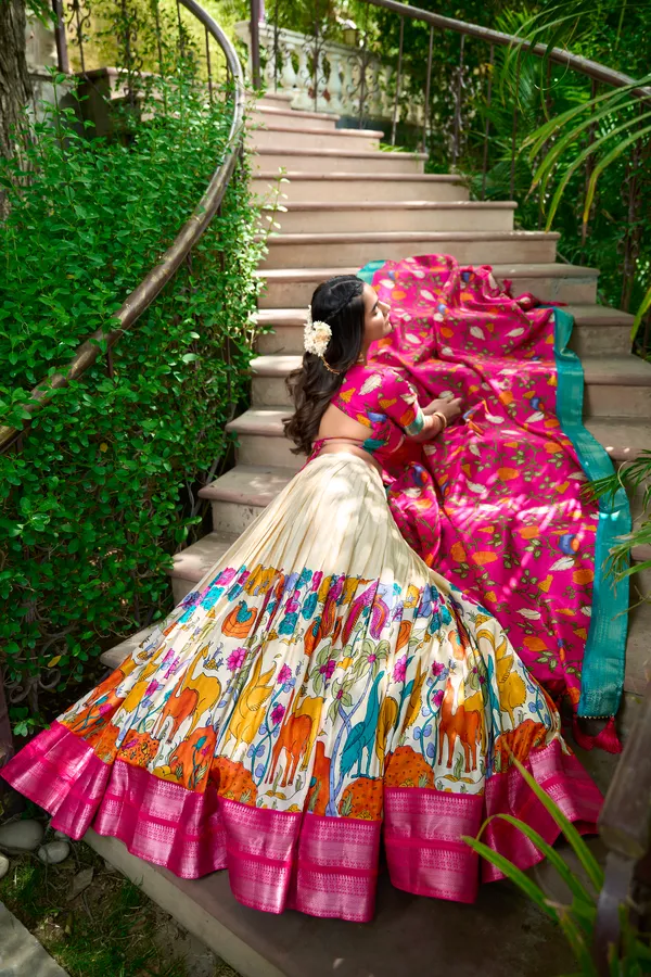 White_Color_Dola_Silk_Designer_Kalamkari_Print_Lehenga_Choli