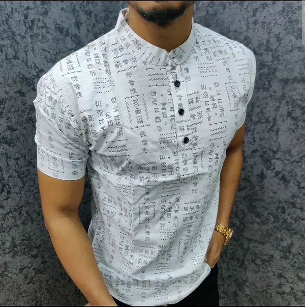 White_&_Gray_Relaxed_Fit_Kurta_Shirt_–_Printed_Cotton_Blend