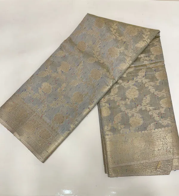 Humairah_Presents_Grey_Art_Silk_Golden_Floral_Zari_Jaal_with_Banarasi_Floral_Zari_Border_with_Grey_Blouse