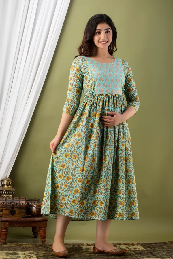 Sanganeri_Multi_Yellow_Flower_Maternity_And_Feeding_Kurti
