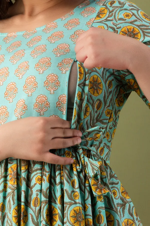 Sanganeri_Multi_Yellow_Flower_Maternity_And_Feeding_Kurti