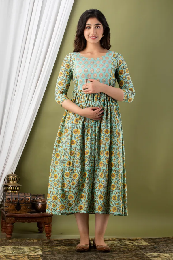 Sanganeri_Multi_Yellow_Flower_Maternity_And_Feeding_Kurti