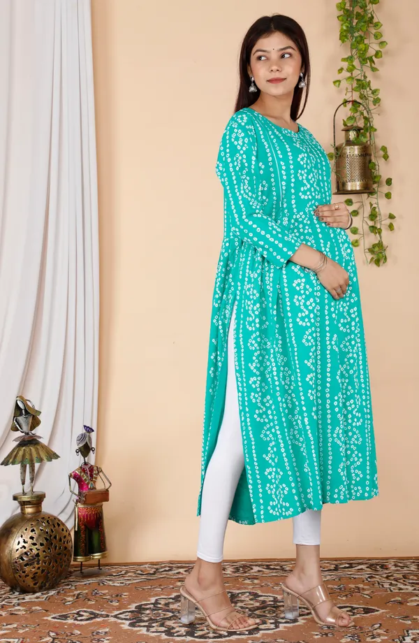 Maternity_Wear_Turquoise_bandhej_Printed_Anarkali_Side_Slit/_Nyra_Cut_Kurta_with_conceled_Zip_on_both_side