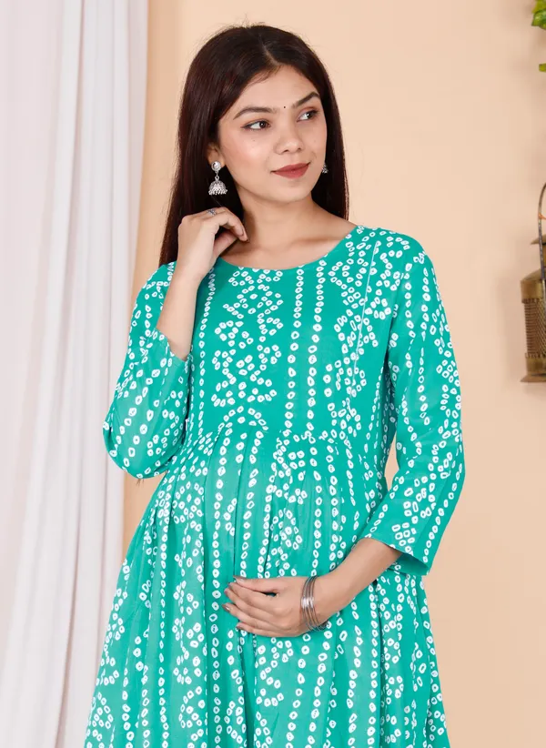 Maternity_Wear_Turquoise_bandhej_Printed_Anarkali_Side_Slit/_Nyra_Cut_Kurta_with_conceled_Zip_on_both_side